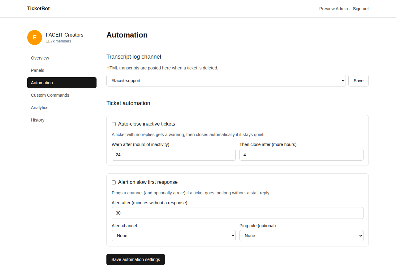 Automation page: transcript log channel, auto-close, and SLA alert settings