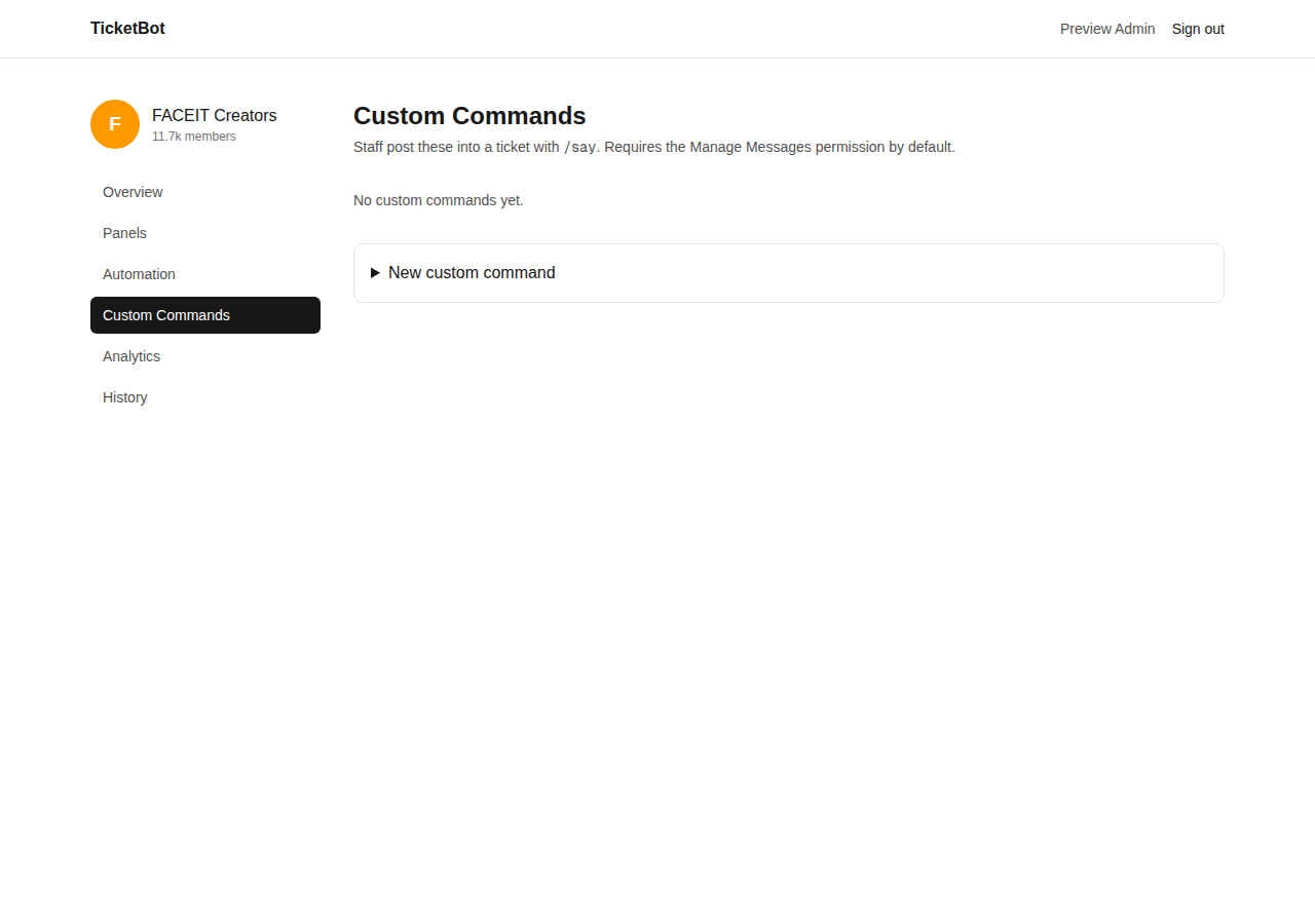 Custom Commands page, empty state with the new-command form