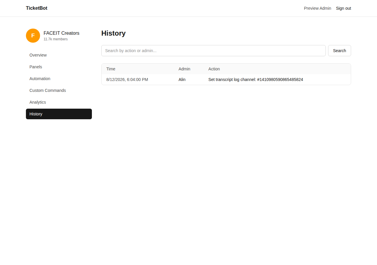 History page with a search box and a table of audit log entries