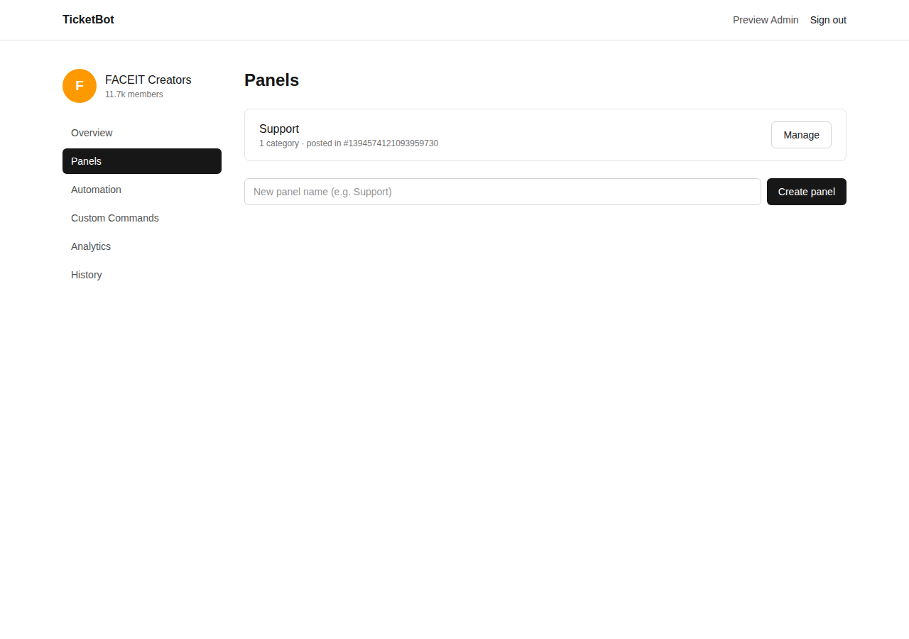 Panels list for a server, with a create-panel form