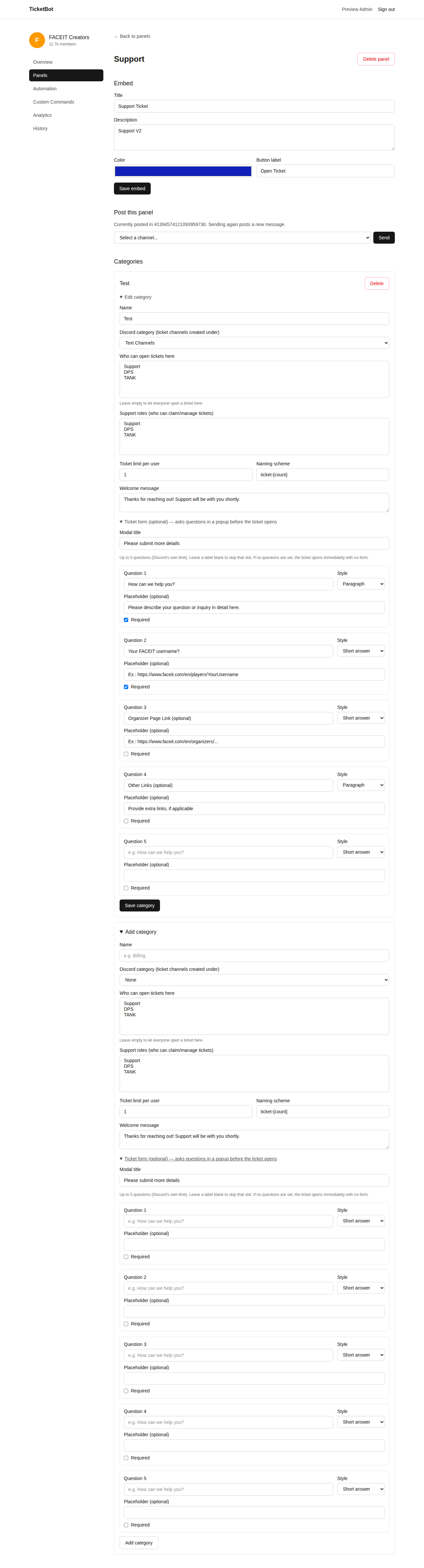 Panel detail page: embed settings, send-panel form, and a category's full edit form including the ticket form editor